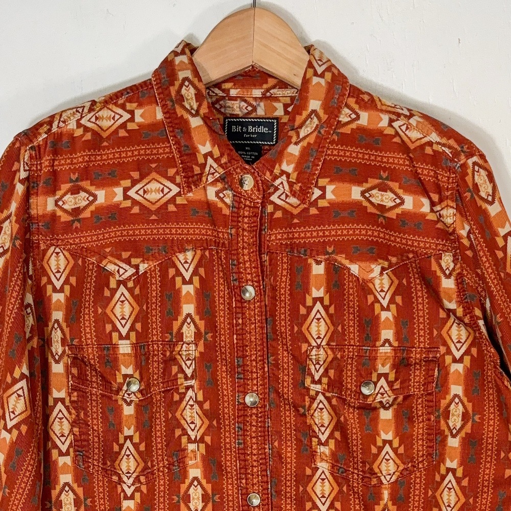 Bit & Bridle Corduroy Western Cowgirl Shirt Womens XL Orange Southwestern